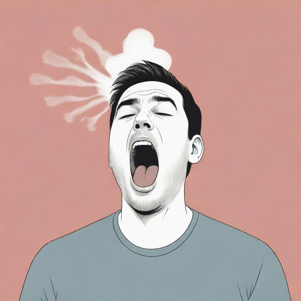 Illustration of a person in a comedic moment where a puff of air is visually represented, showcasing them in the middle of a sneeze or a yawn.