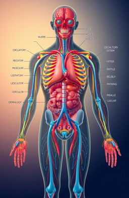 A detailed and immersive illustration of human physiology, showcasing the major bodily systems like circulatory, respiratory, muscular, and nervous system