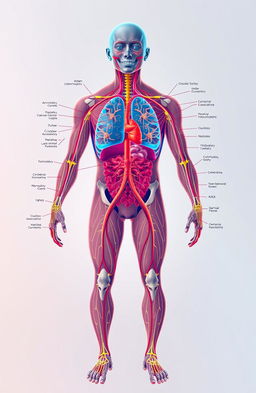 A detailed and immersive illustration of human physiology, showcasing the major bodily systems like circulatory, respiratory, muscular, and nervous system