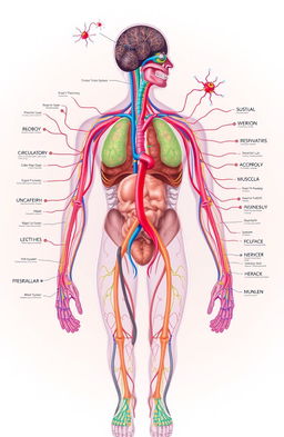 A detailed and immersive illustration of human physiology, showcasing the major bodily systems like circulatory, respiratory, muscular, and nervous system