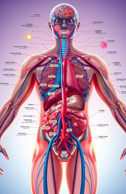 A detailed and immersive illustration of human physiology, showcasing the major bodily systems like circulatory, respiratory, muscular, and nervous system