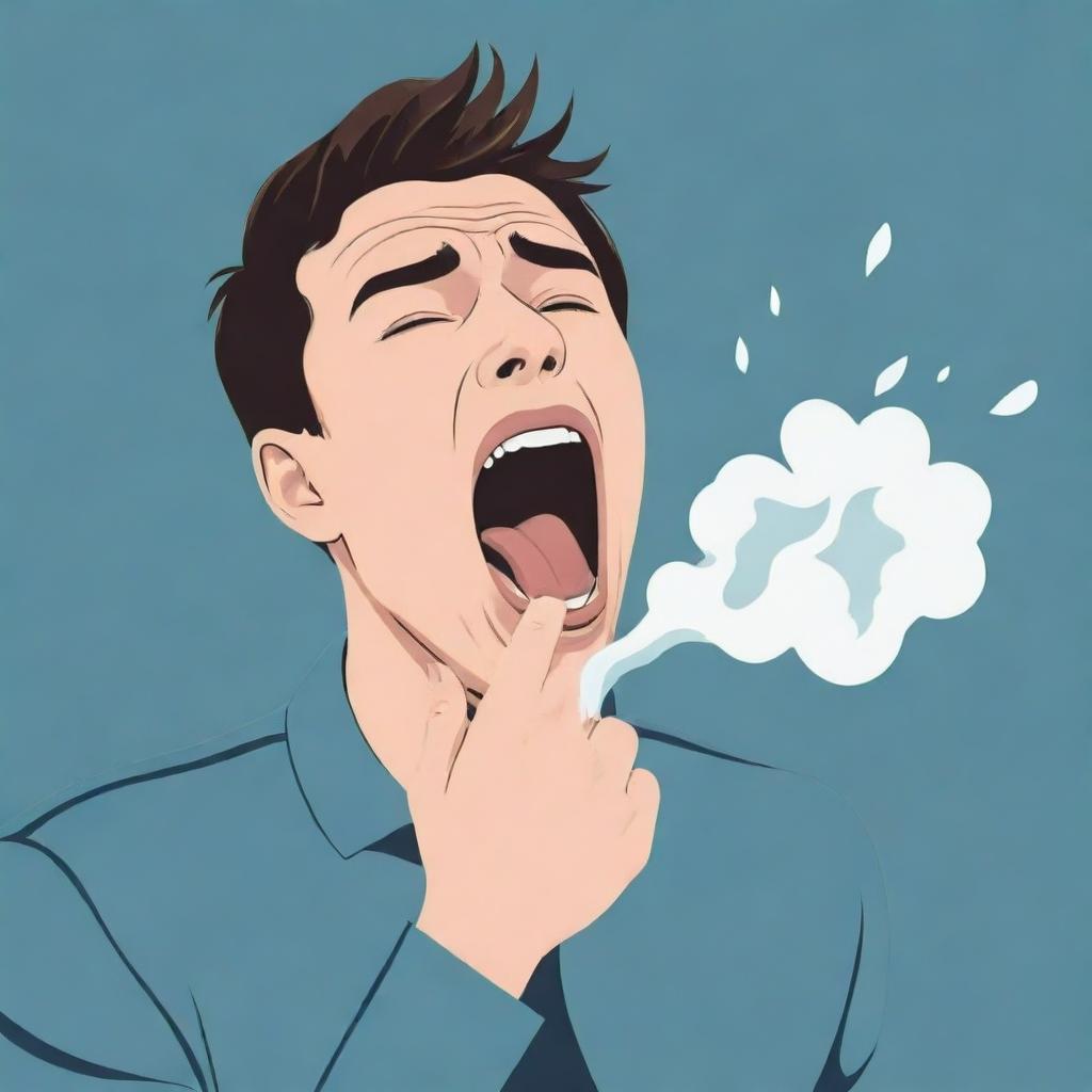 Illustration of a person in a comedic moment where a puff of air is visually represented, showcasing them in the middle of a sneeze or a yawn.