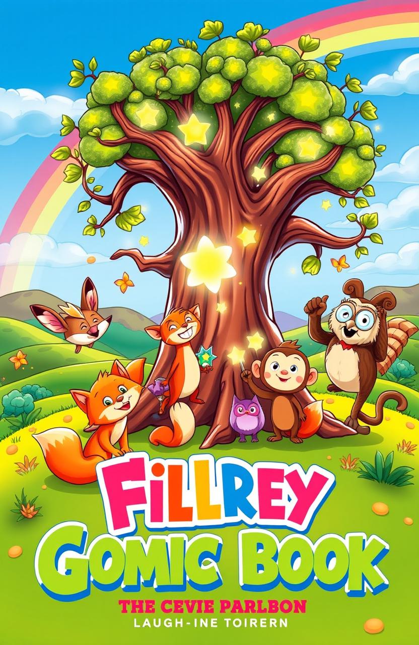 A vibrant and colorful cover illustration for a children's comic book, featuring a quirky cast of friendly animal characters, such as a clever fox, a playful monkey, and a wise old owl, gathered around an ancient tree with glowing magical elements