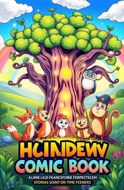 A vibrant and colorful cover illustration for a children's comic book, featuring a quirky cast of friendly animal characters, such as a clever fox, a playful monkey, and a wise old owl, gathered around an ancient tree with glowing magical elements