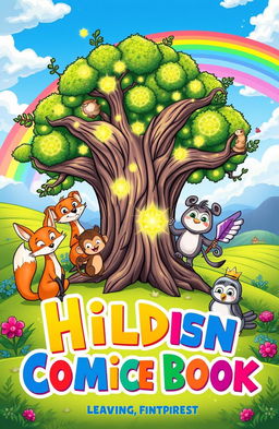 A vibrant and colorful cover illustration for a children's comic book, featuring a quirky cast of friendly animal characters, such as a clever fox, a playful monkey, and a wise old owl, gathered around an ancient tree with glowing magical elements