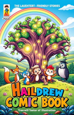 A vibrant and colorful cover illustration for a children's comic book, featuring a quirky cast of friendly animal characters, such as a clever fox, a playful monkey, and a wise old owl, gathered around an ancient tree with glowing magical elements