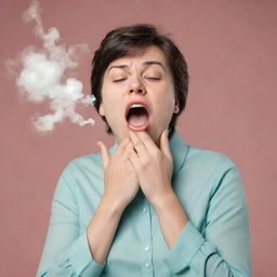 Illustration of a person in a comedic moment where a puff of air is visually represented, showcasing them in the middle of a sneeze or a yawn.