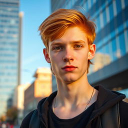 A young man with fair skin and shoulder-length red hair, featuring striking golden eyes