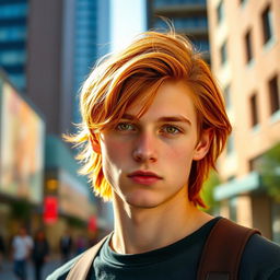 A young man with fair skin and shoulder-length red hair, featuring striking golden eyes