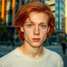 A young man with fair skin and shoulder-length red hair, featuring striking golden eyes