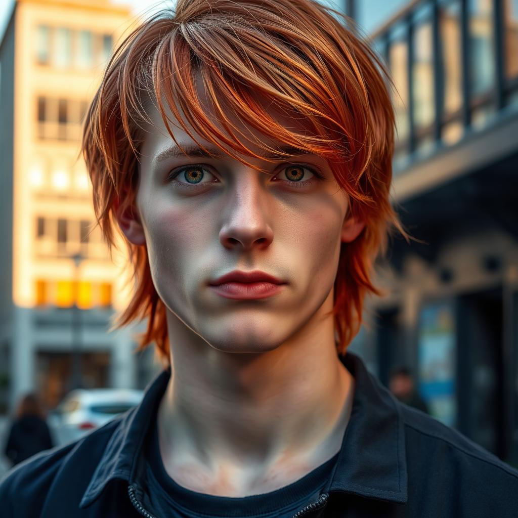 A young man with fair skin and shoulder-length red hair, featuring striking golden eyes