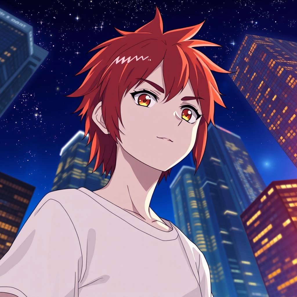 A young man in anime style with white skin, shoulder-length red hair, and golden eyes, standing in front of tall buildings against a night sky