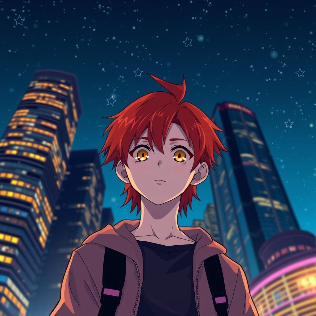 A young man in anime style with white skin, shoulder-length red hair, and golden eyes, standing in front of tall buildings against a night sky