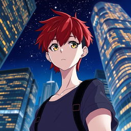 A young man in anime style with white skin, shoulder-length red hair, and golden eyes, standing in front of tall buildings against a night sky