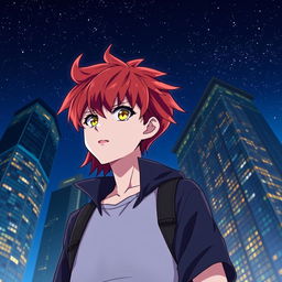 A young man in anime style with white skin, shoulder-length red hair, and golden eyes, standing in front of tall buildings against a night sky