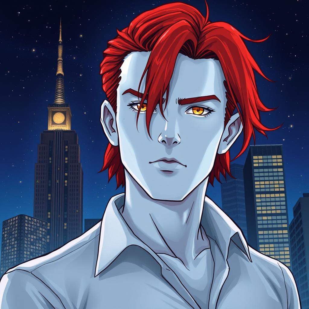 A book cover illustration featuring an adult man with white skin and shoulder-length red hair, standing confidently in the foreground