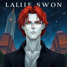 A book cover illustration featuring an adult man with white skin and shoulder-length red hair, standing confidently in the foreground