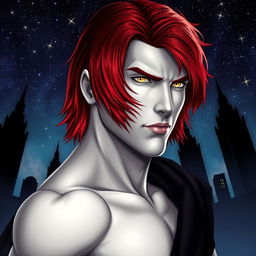 A captivating book cover design featuring an adult male hero, with white skin and shoulder-length red hair