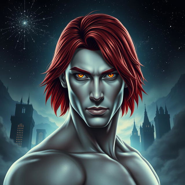 A captivating book cover design featuring an adult male hero, with white skin and shoulder-length red hair