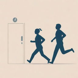 An illustration of a person with a look of discomfort on their face, clutching their stomach and running towards a marked restroom sign.