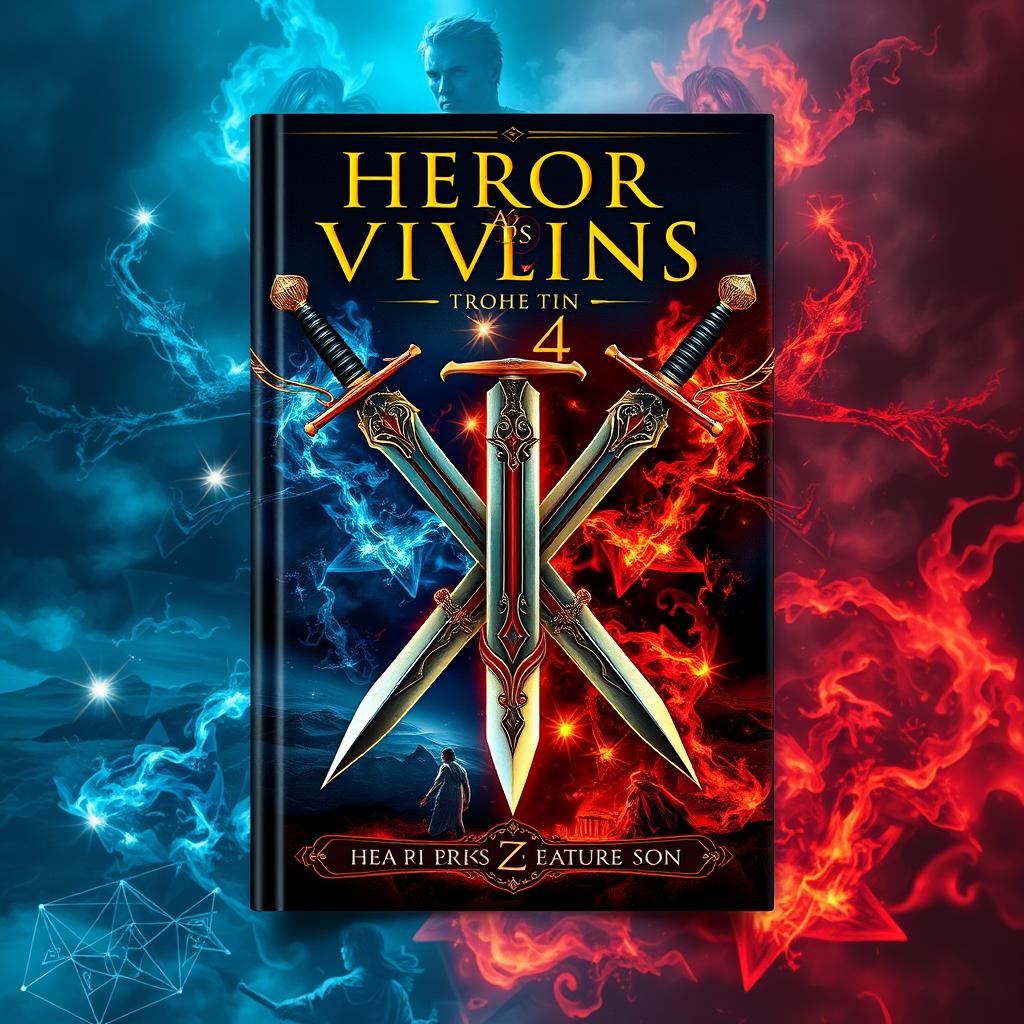 A captivating book cover design featuring a dramatic composition of heroes and villains