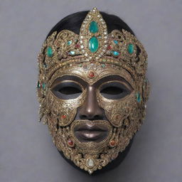 Front view of an asymmetrical half-face mask, covering only the eye portion, heavily adorned in an Indian mythical style.