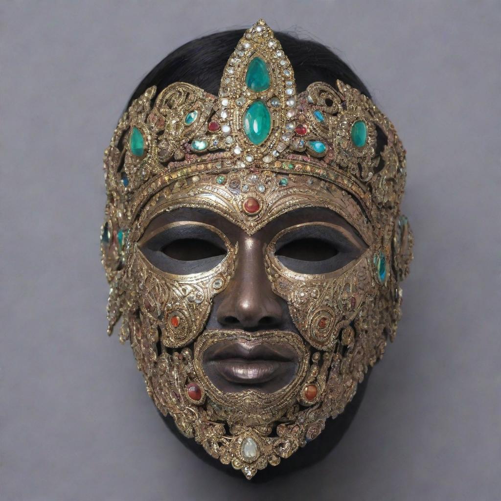 Front view of an asymmetrical half-face mask, covering only the eye portion, heavily adorned in an Indian mythical style.