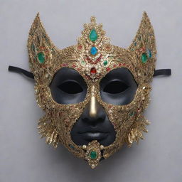 Front view of an asymmetrical half-face mask, covering only the eye portion, heavily adorned in an Indian mythical style.