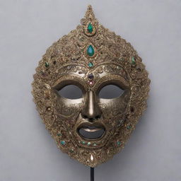 Front view of an asymmetrical half-face mask, covering only the eye portion, heavily adorned in an Indian mythical style.