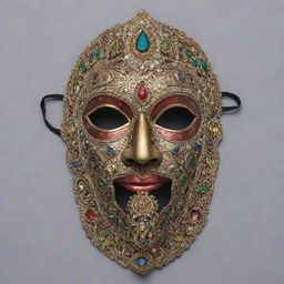 Front view of an asymmetrical half-face mask, covering only the eye portion, heavily adorned in an Indian mythical style.