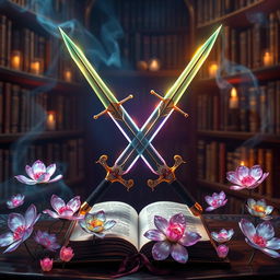 A captivating book cover themed around heroes and villains, featuring two beautifully designed twin swords crossed in the center