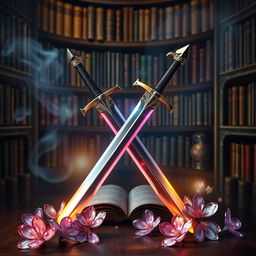 A captivating book cover themed around heroes and villains, featuring two beautifully designed twin swords crossed in the center