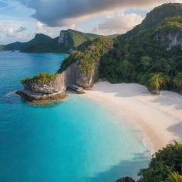 A vibrant, tropical island with a dense jungle, clear turquoise water, large rocky cliffs, white sandy beaches, and a breathtaking sunset in the Background