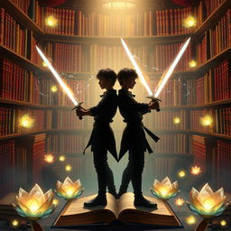 A captivating book cover featuring two young male silhouettes standing back-to-back, each wielding twin swords that shimmer with magical energy