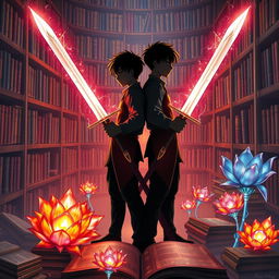 A captivating book cover featuring two young male silhouettes standing back-to-back, each wielding twin swords that shimmer with magical energy