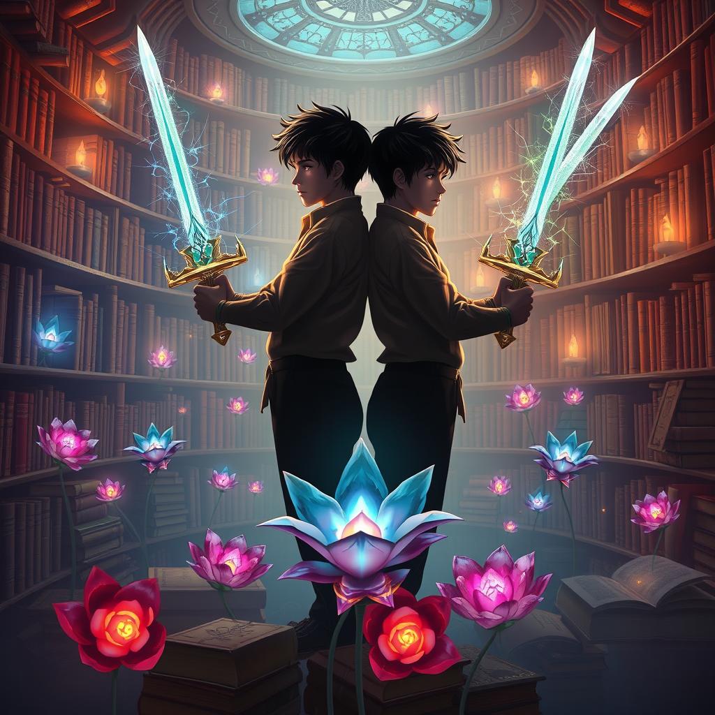 A captivating book cover featuring two young male silhouettes standing back-to-back, each wielding twin swords that shimmer with magical energy