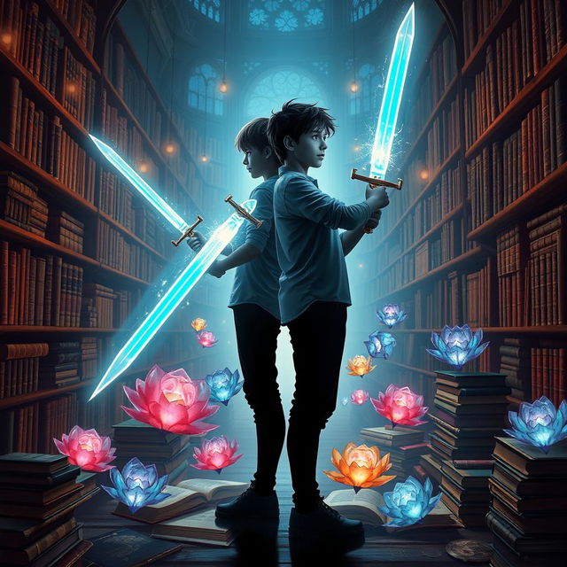 A captivating book cover featuring two young male silhouettes standing back-to-back, each wielding twin swords that shimmer with magical energy