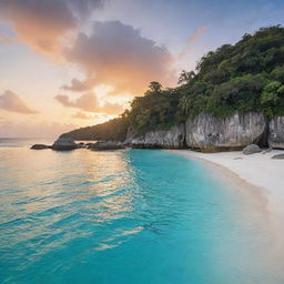 A vibrant, tropical island with a dense jungle, clear turquoise water, large rocky cliffs, white sandy beaches, and a breathtaking sunset in the Background