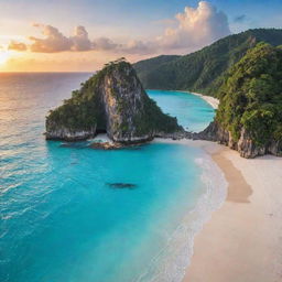 A vibrant, tropical island with a dense jungle, clear turquoise water, large rocky cliffs, white sandy beaches, and a breathtaking sunset in the Background