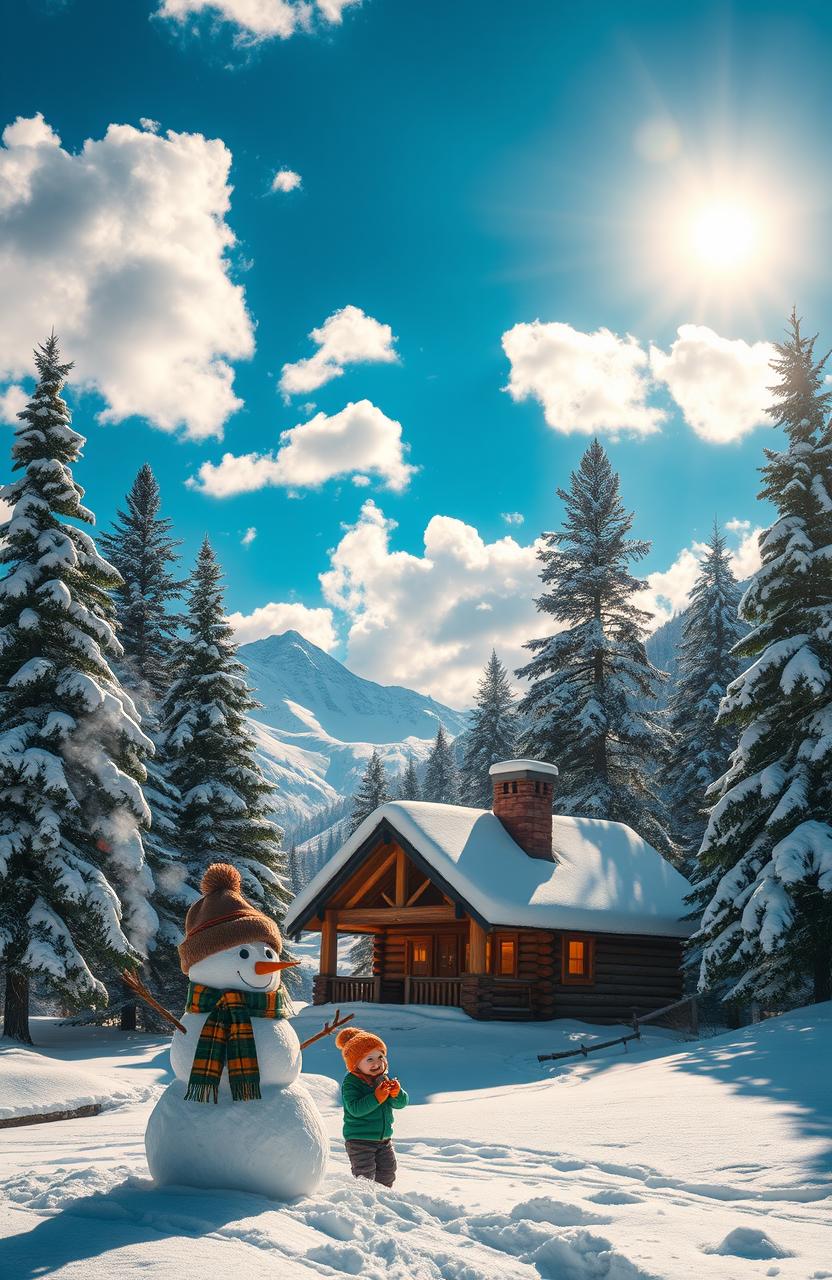 A scenic winter landscape featuring a cozy log cabin nestled in the snowy mountains