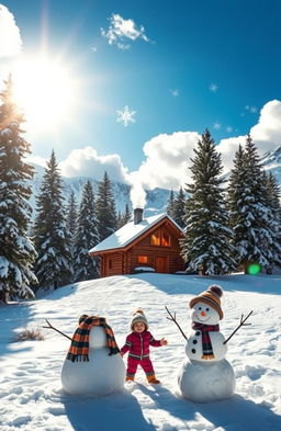 A scenic winter landscape featuring a cozy log cabin nestled in the snowy mountains