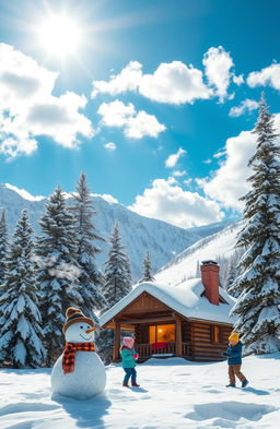 A scenic winter landscape featuring a cozy log cabin nestled in the snowy mountains