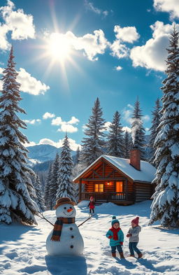 A scenic winter landscape featuring a cozy log cabin nestled in the snowy mountains