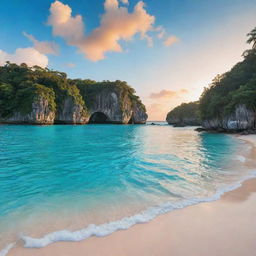 A vibrant, tropical island with a dense jungle, clear turquoise water, large rocky cliffs, white sandy beaches, and a breathtaking sunset in the Background