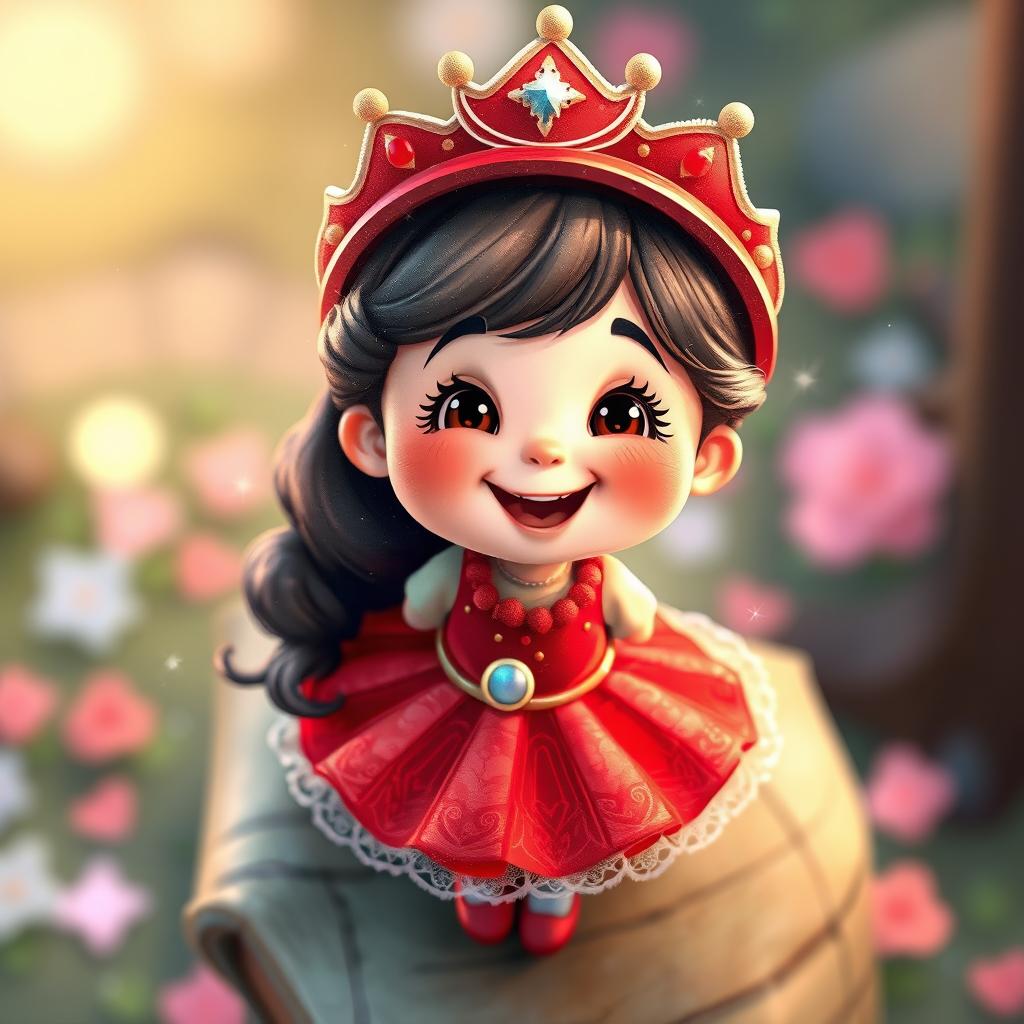 A whimsical book cover illustration featuring a very happy little girl wearing a vibrant red princess costume