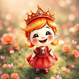 A whimsical book cover illustration featuring a very happy little girl wearing a vibrant red princess costume