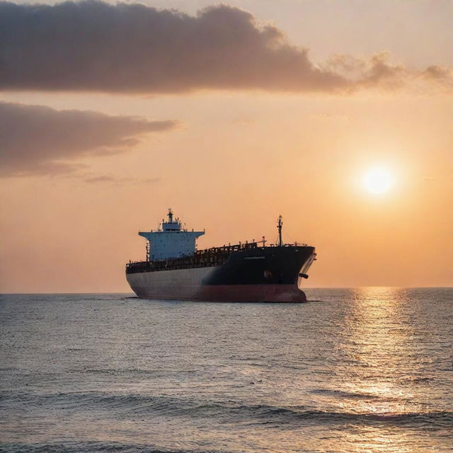 A massive bulk carrier ship gliding smoothly through calm ocean waters under a stunning sunset. Its gigantic hull is filled to the brim with cargo, emphasizing the enormity of its size and function.