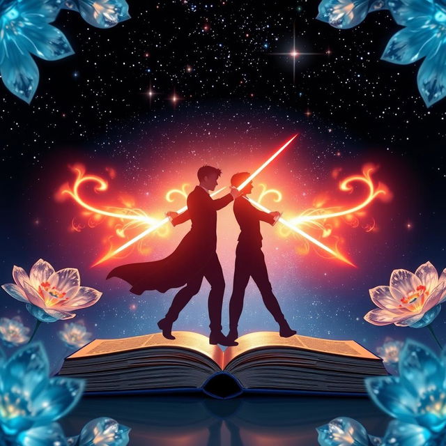 A stunning book cover featuring two adult male silhouettes, symbolizing a romantic gay theme, engaged in a dynamic pose