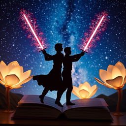 A stunning book cover featuring two adult male silhouettes, symbolizing a romantic gay theme, engaged in a dynamic pose