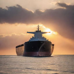 A massive bulk carrier ship gliding smoothly through calm ocean waters under a stunning sunset. Its gigantic hull is filled to the brim with cargo, emphasizing the enormity of its size and function.